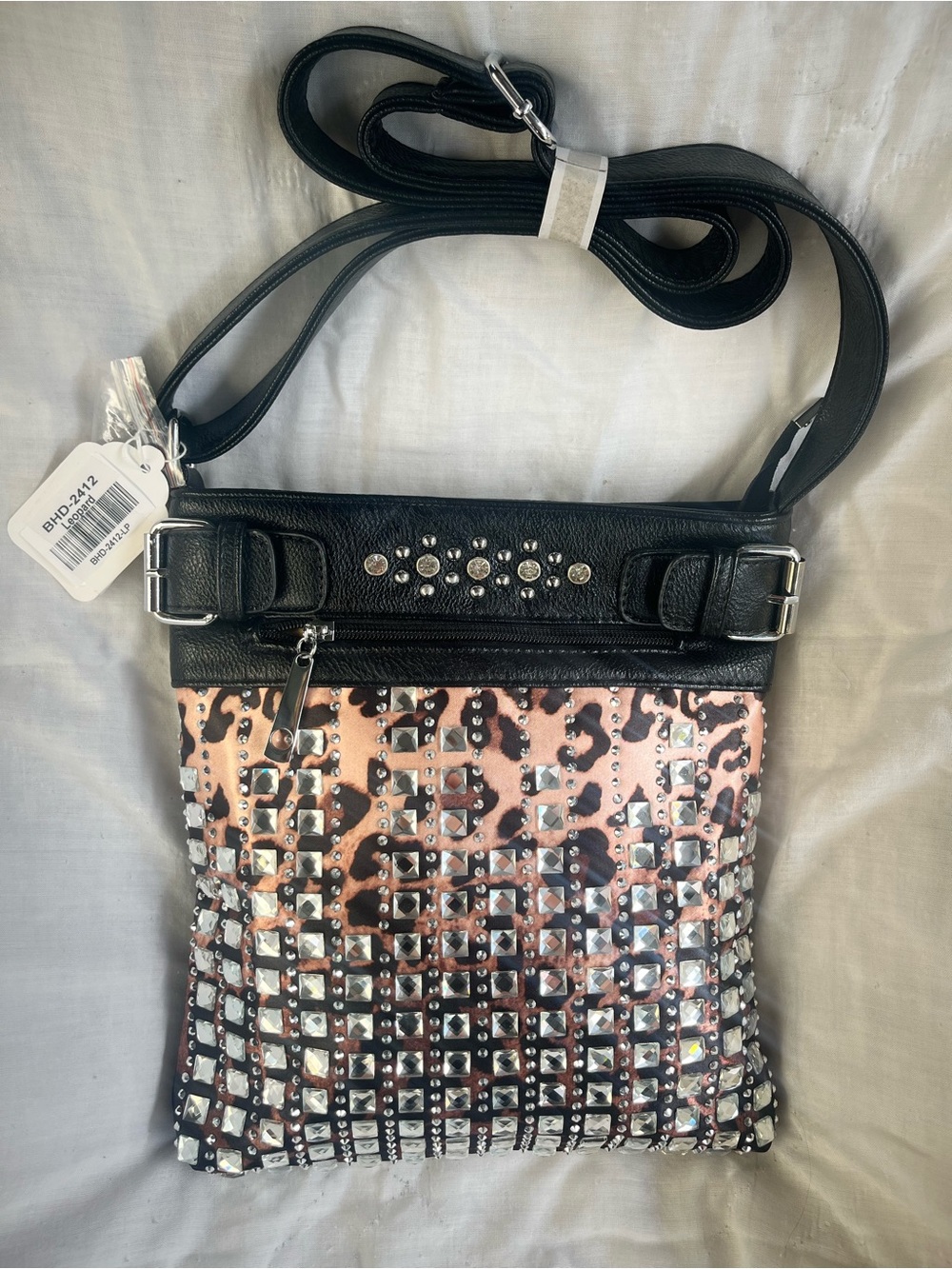 Leopard-Print Sparkling Stone Crossbody Sling- Leopard/Black